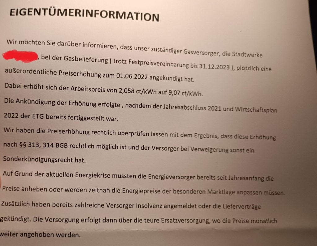 Gaspreiserhöhung - Eigentümerinformation